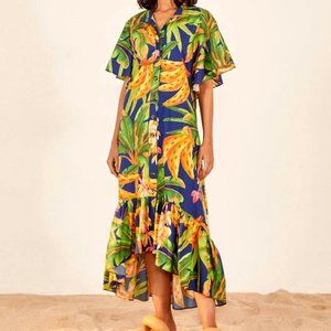 farm rio linen blend dream garden strappy drop-waist midi dress Farm Rio x Anthropologie Linen Blend Dream Garden Drop-Waist Midi Dress LARGE